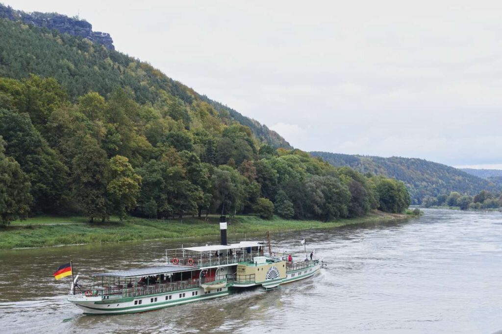 Steamboat on Elbe river in Saxon Switzerland in Germany