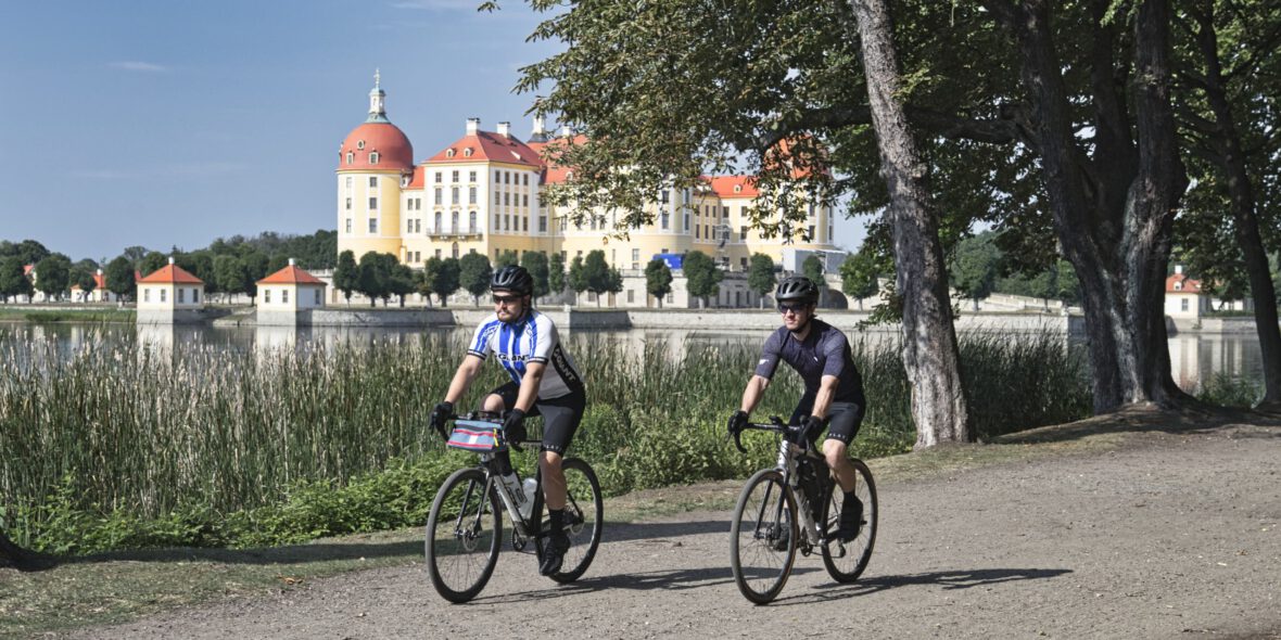 Gravel bikers at Moritzburg Castle in Saxony Germany