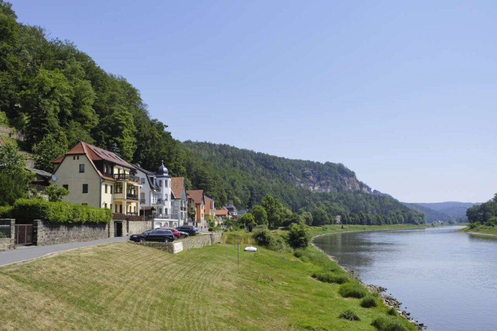 Village at Elbe river in Saxon Switzerland Germany