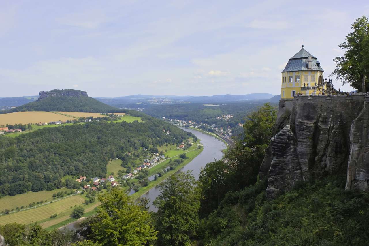 View from Königstein Fortress to Elbe river and over Saxon Switzerland mountains