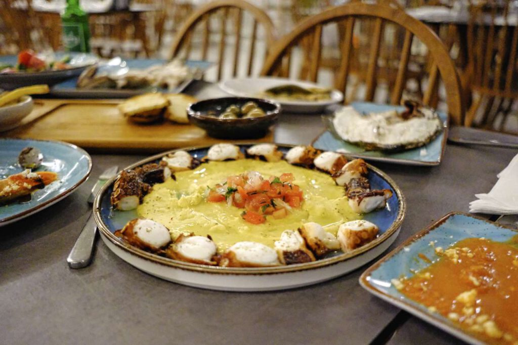 A typical Cypriot dish, octopus and hummus.