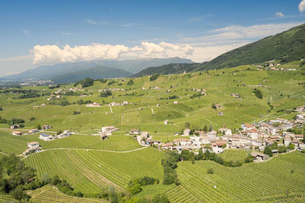 Bird's eye view of the Prosecco mountains in Italy