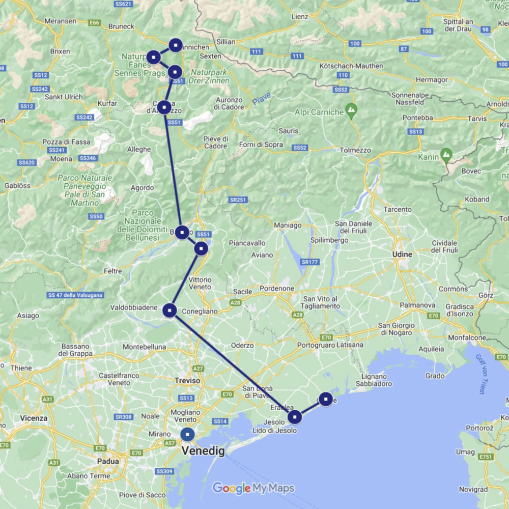 Map of the gravel bike tour From South Tyrol to the Adriatic Sea