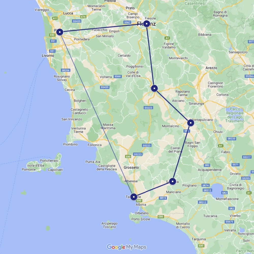 Map of the gravel bike tour Tuscany ambitious