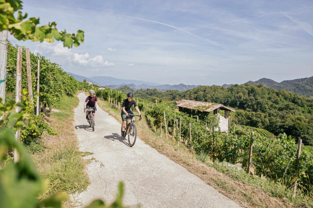 Zwei Gravelbikerinnen radeln auf einem befestigten Weg durch die Prosecco-Region